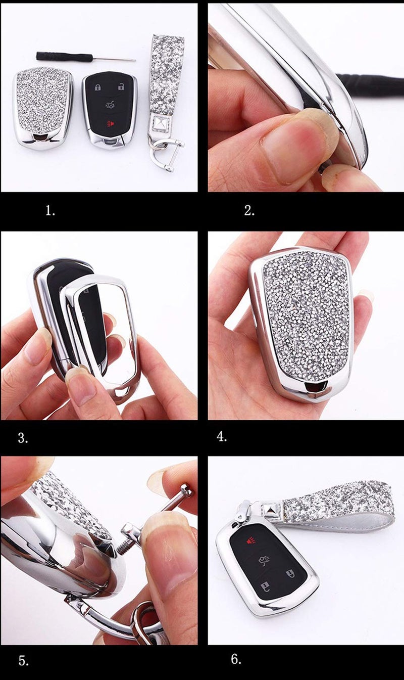 Royalfox(TM) 4 5 6 Buttons 3D Bling keyless Entry Remote Smart Key Fob case Cover for 2016-2019 Cadillac CT6, 2017-2019 XT5, 2014-2019 CTS, 2015-2019 XTS SRX ATS Accessories,with Keychain (Silver) - Image 3